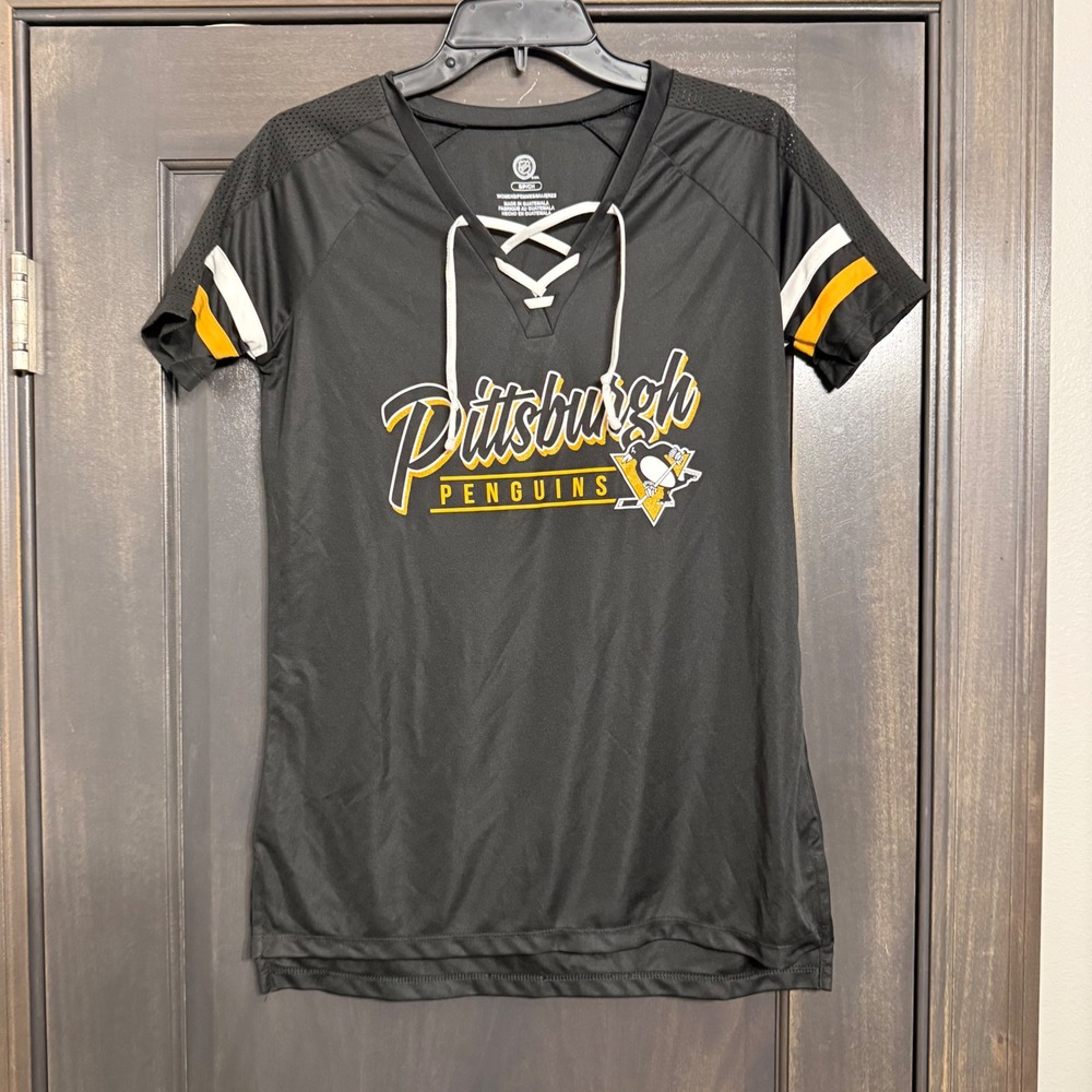 NHL Pittsburgh Penguins Womens Small Black Lace Up V-Neck Mesh Jersey Shirt